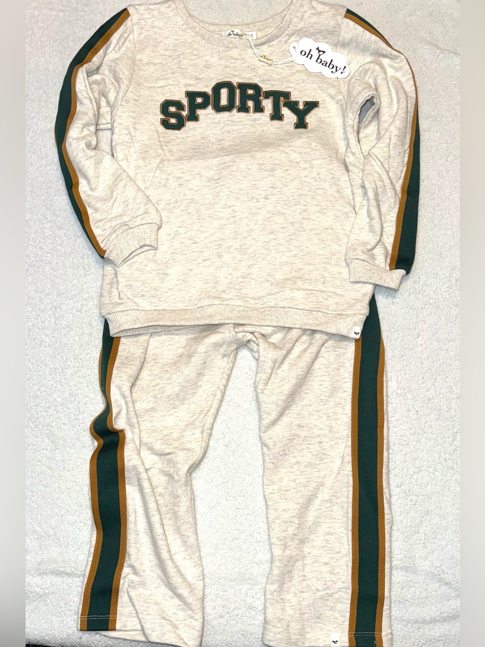 oh baby! "SPORTY" Striped Boxy Sweatshirt w/Jogger in Oatmeal Heather, s 4/5 NW